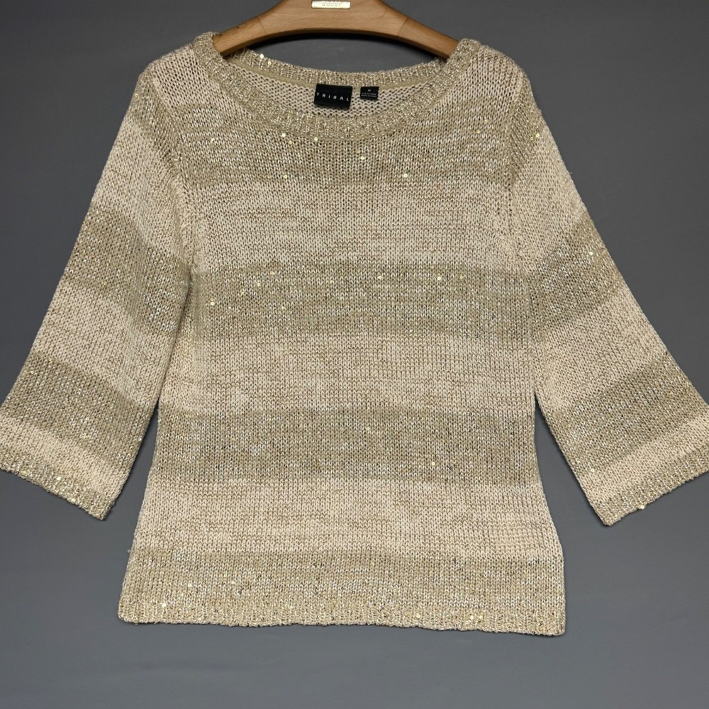Tribal Womens Gold Metallic Sequin Striped 3/4 Sleeve Knit Sweater Size M